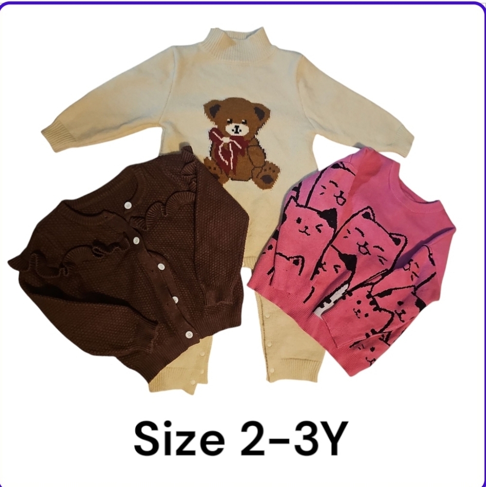 Pink Cat and Brown Cardigan Kids Sweater Set Sz 2-3Y